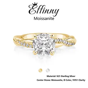 Effinny Synthetic Certificated Moissanite 14K Gold Plated Tarnish-resistant Twisted Excellent Round Cut D Color VVS1 Engagement Ring, 1.2 Carat 925 Sterling Silver Affordable Women's Ring for Daily, Wedding, Party