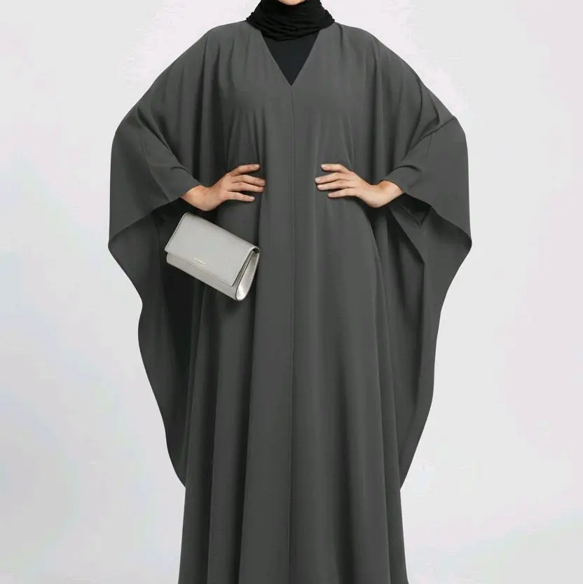 Elegant Batwing Style Modest Abaya – Dark Grey Open Flow Design