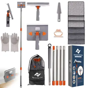 NEXAGLOW Professional  360° Rotatable Rectangular Mop Floor & Wall Cleaning System | 1 x Mop Head , 5 x Extension Poles, 6 x Mop Pads, 1 x Holder, 1 x Scraper , 1 Pair Cleaning Gloves | SUPER WATER ABSORPTION
