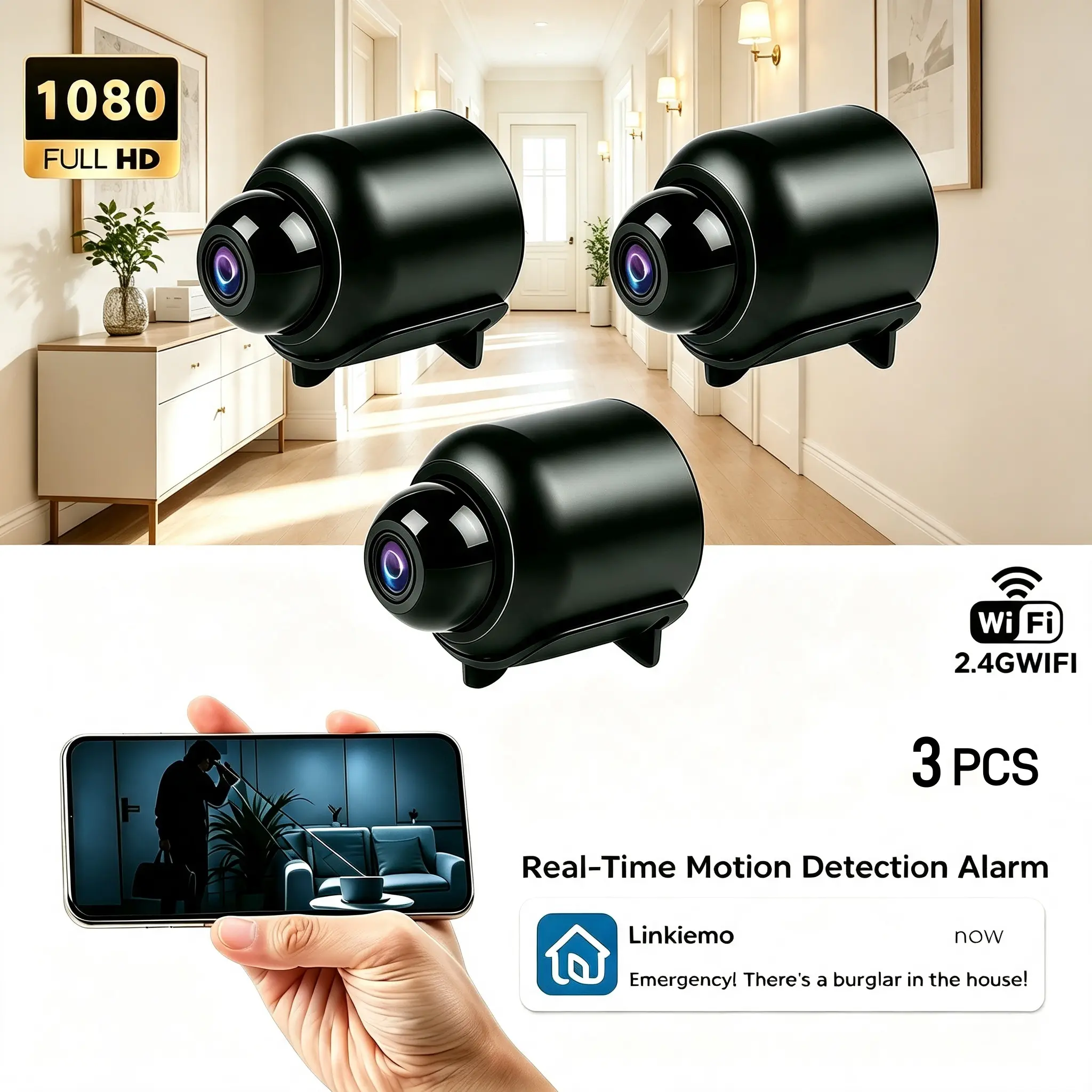 3PC Plug-In Mini Smart 1080P WiFi Enabled Cameras for Home, 2.4G Wireless Indoor Security Cam, Night Vision, Motion Detection, Audio Recording, Remote App Live View, SD Card & Cloud Storage, Portable Nanny Camera, Memory