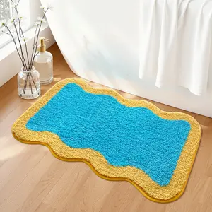 1PC Wave Edge Absorbent Bath Mat, Blue Flocked Carpet, Non-Slip, Ideal for Bathroom, Kitchen, Indoor, Outdoor, Hallway, Bedroom, Living Room