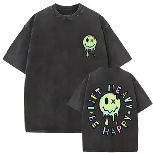 Men's Small Round Neck Melting Smiley Fitness T-Shirt - Double-Sided Print, Bubble Vibe Gym Top