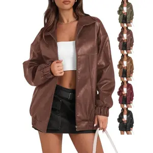 Langwyqu Womens Leather Jacket Oversized Faux Casual Zip Up Bomber Motorcycle Jackect Trendy Fall Winter Clothes S-XXL