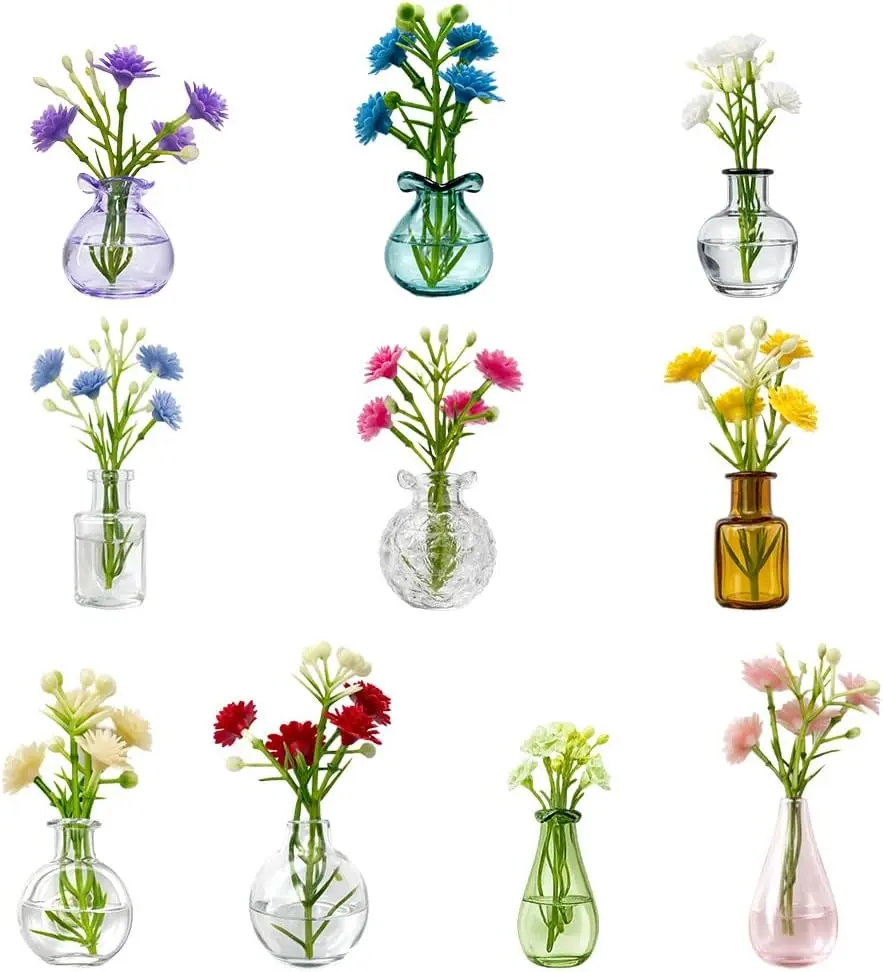10-Piece Decorative Compact Magnetic Transparent Glass Bud Vase Set with Artificial Flowers, Easy-Install Home Supplies for Indoors Holiday Aesthetic Upgrade, Fridge Display, Ideal Gift for Coworkers
