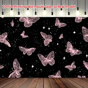 2D Flat, Pink Butterfly Galaxy Tapestry Wall Decoration - Black and White Starry Night with Pink Purple Butterfly, Polyester Fabric Bedroom, Dormitory, Living Room Decoration, Weddings, Birthday Parties, Indoor/Outdoor Decoration, Tapestry Wall Hanging