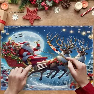 2D flat printing, 2-piece/4-piece/6-piece/8-piece set, Christmas meal mat - reindeer and Santa Claus sled design, linen table mat, machine washable, rectangular table decoration, suitable for holiday celebrations, Placemat