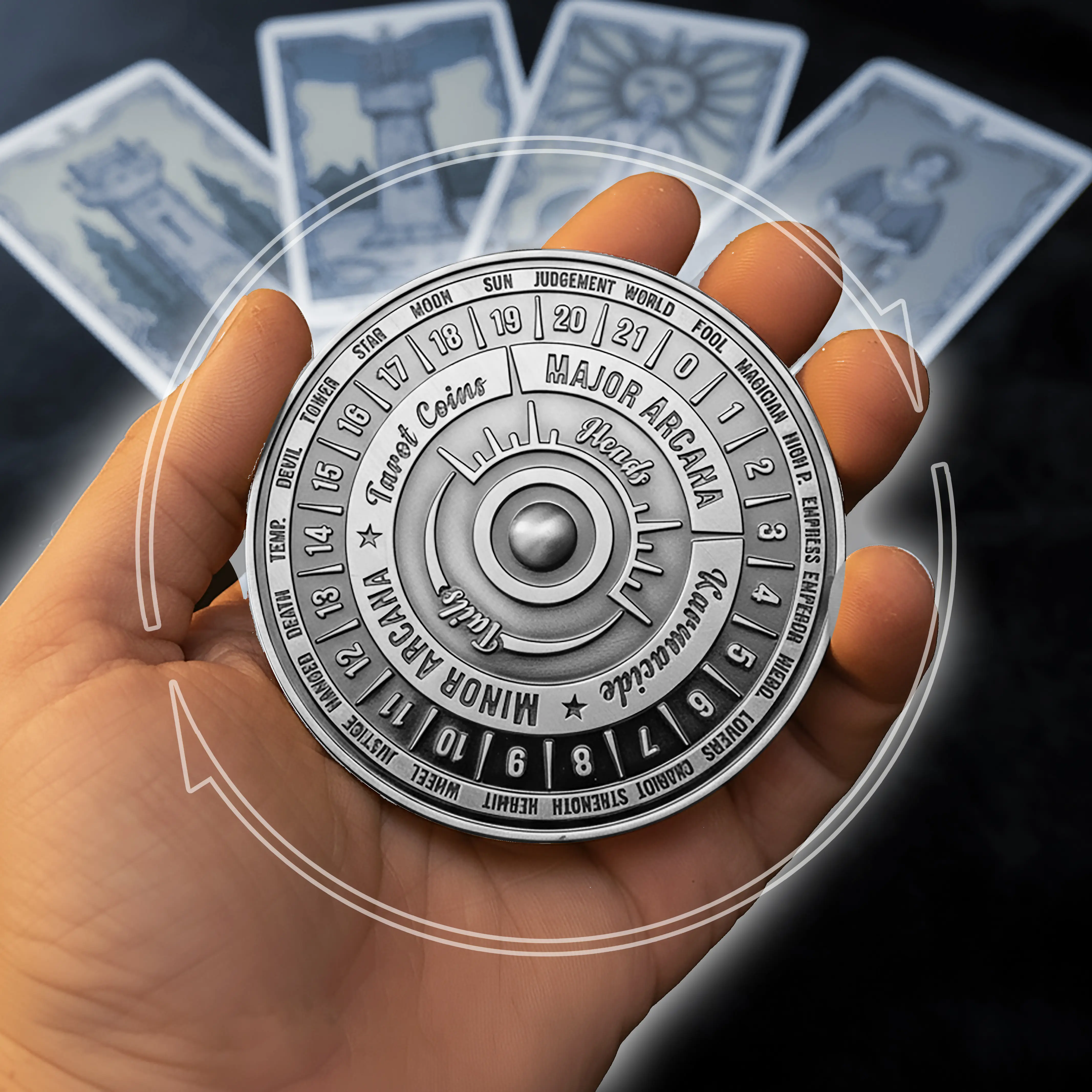 Karmacide Tarot Wheel Unique Tarot Deck Coin Fully Functional Spinning Tarot Cards Coin with All 78 Major Minor Arcana Cards in Antique Silver Finish