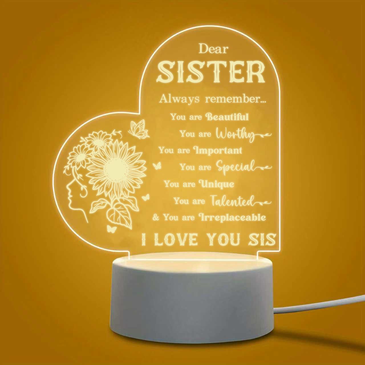 2D Heart Shaped Sister Night Light, Sunflower Decorative LED Table Lamp with Inspirational Quote, Personalized Birthday Christmas Gift for Sister, USB Powered Warm White Desk Lamp for Bedroom Living Room