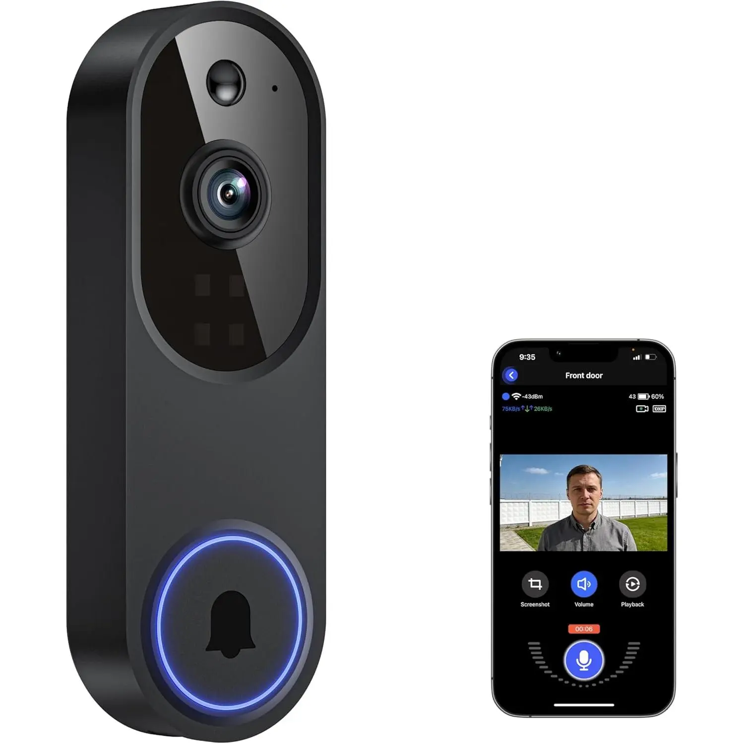 Doorbell Camera M52, Security Camera Outdoor/Indoor, 1080 HD with Night Vision, 4 Infrared Lights, 120° Wide View, Motion Detection Notification, Works with Smartphone, Wireless, Online Support
