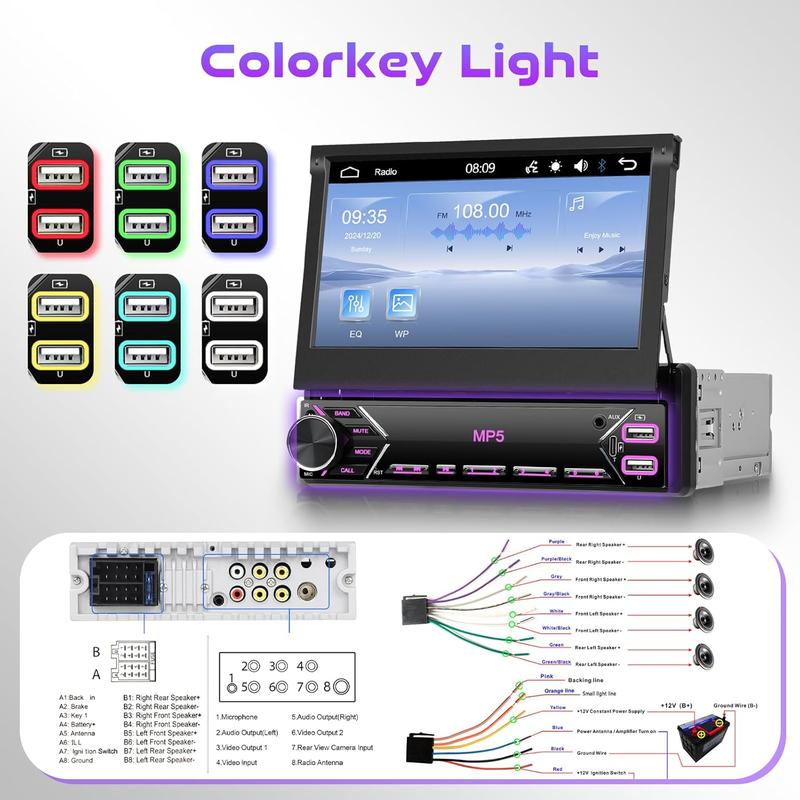 Single Din Flip Out Car Stereo Bluetooth 7 Inch Retractable Touch Screen Car Radio 1 Din Mirror Link/FM/EQ USB/Type-C/AUX SWC,  Car Audio Receiver MP5 Multimedia Player with Backup Camera