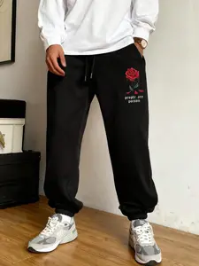 Men's Plus Size Rose Print Jogger Pants with Elastic Drawstring Waist, Outdoor Activity Wear, Comfortable Sports Clothing