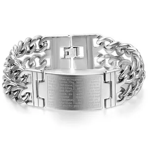 Mens Heavy Stainless Steel Silver Tone Cross Bible LORD'S PRAYER Bracelet Bangle