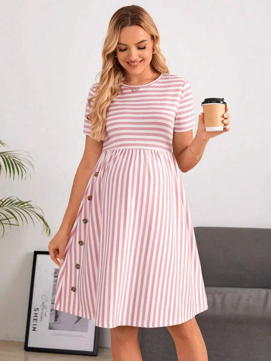 AVENO Maternity Striped Print Button Detail Dress