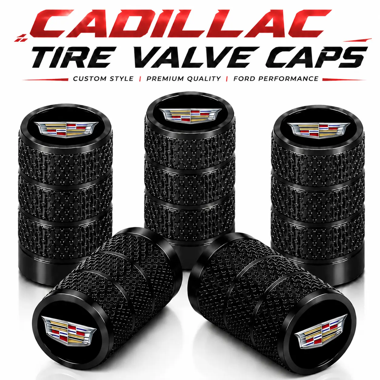 Set of 5 Premium Heavy Duty Anodized Aluminum Alloy Tire Valve Stem Caps for Cadillac Escalade XT5 XT6 CT5 Lyriq XT4 CT4, Rust & Weather Resistant Airtight Rubber Seal, No Tool Easy Screw On American Luxury SUV Sedan Exterior Accessories