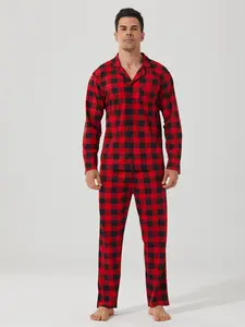 Men's Plaid Pajama Set Pjs, Long Sleeve Top & Pants, Christmas Sleepwear, Loose Fit Soft Comfortable Casual, Two-Piece Home Wear