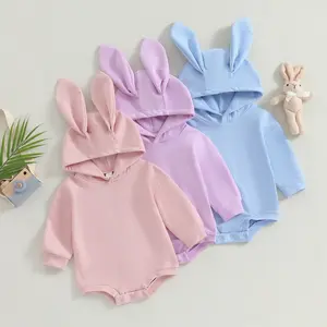 Infant Baby Easter Jumpsuit, Solid Color Rabbit Ear Hood Long Sleeve Romper for Infant Boys Girls