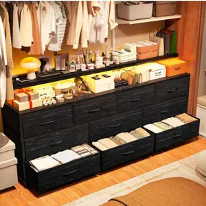 55" W Dresser For Bedroom With 10 Drawers, Long Dresser With LED Lights & Power Outlets, Wide Dressers & Chests Of Drawers, Dresser Metal Frame, Wood Top, Black, Room Decor, Home Decor