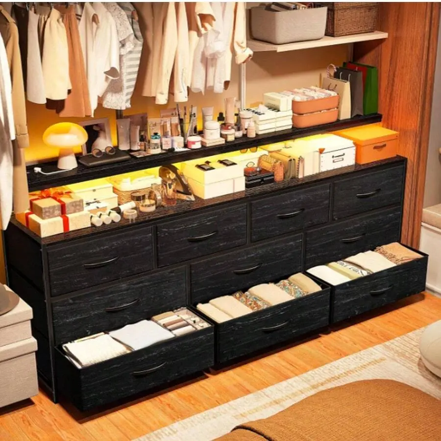 55" W Dresser For Bedroom With 10 Drawers, Long Dresser With LED Lights & Power Outlets, Wide Dressers & Chests Of Drawers, Dresser Metal Frame, Wood Top, Black, Room Decor, Home Decor