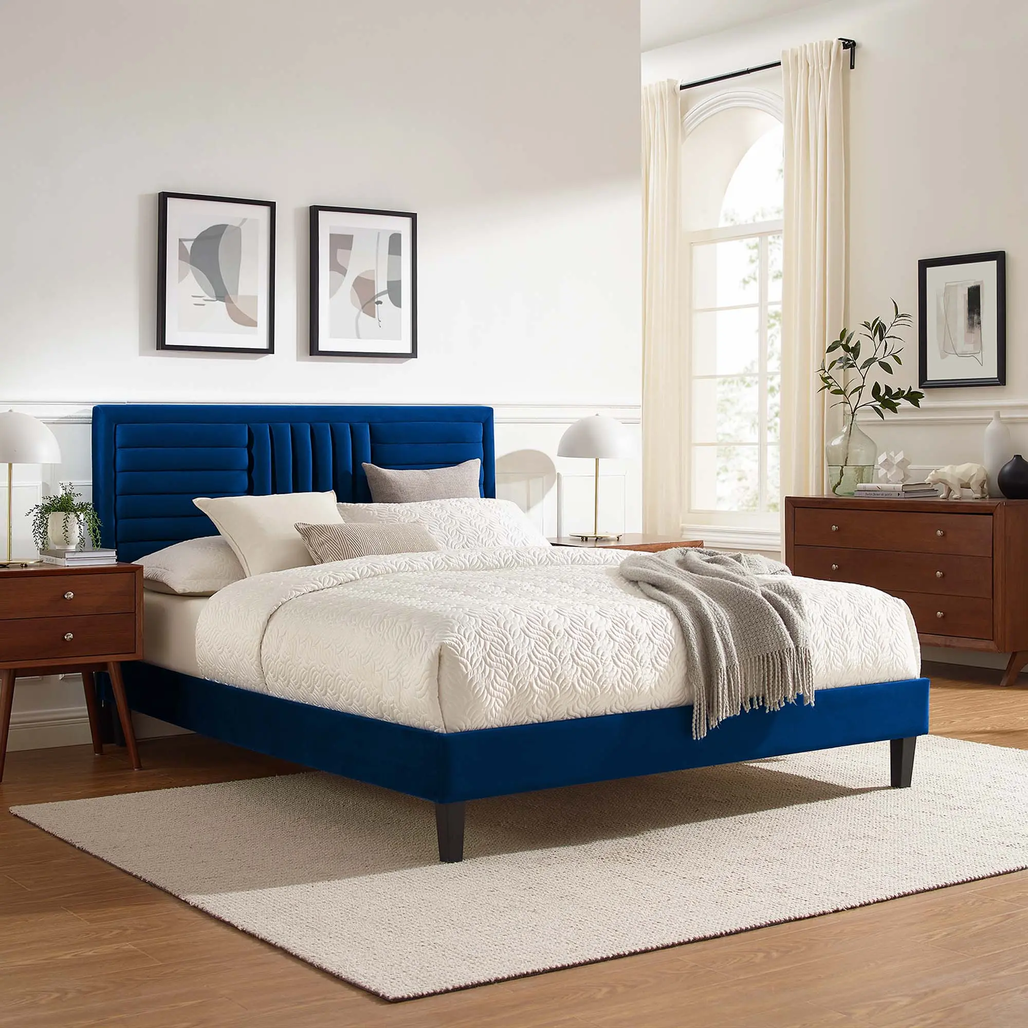 Modway Sofia Channel Tufted Performance Velvet Full Platform Bed in Navy, Tufted Beds, Unique Bedroom Furniture