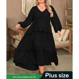 [Plus Size]Plain Lantern Sleeve Tiered Ruffle Trim Smock Dress, Lady Elegant Basic V Neck Long Sleeve Dress for Vacation Party Wedding Guest, Women's Maxi Clothes for All Seasons, Womenswear Black Minimalist