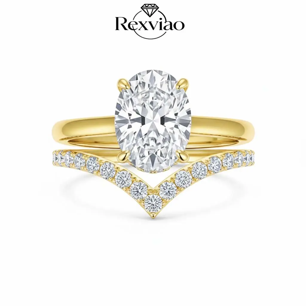 Rexviao Female "Pigeon's Egg" 14-Karat Gold Plated 5A Cubic Zirconia Stackable Set, Bold Oval Cut Bridal Statement Ring & Matching Bands, Hypoallergenic Oxidation Resistant, Sizes 5-10, Luxury Chic Synthetic Simulated Coloured Artificial Gemstone Rings
