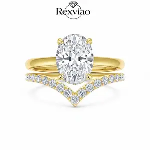 Rexviao 14K Gold-Plated 5A Oval "Pigeon's Egg" Cubic Zirconia Women's Ring Set — Proposal/ Wedding/ Stackable Matching Bands/ Anniversary Gift — Sizes 5–10