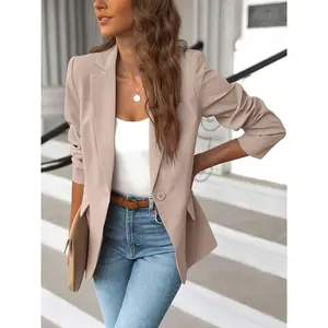 Solid Lapel Blazer Jacket, Casual Long Sleeve Work Office Outerwear With Pockets, Women's Clothing