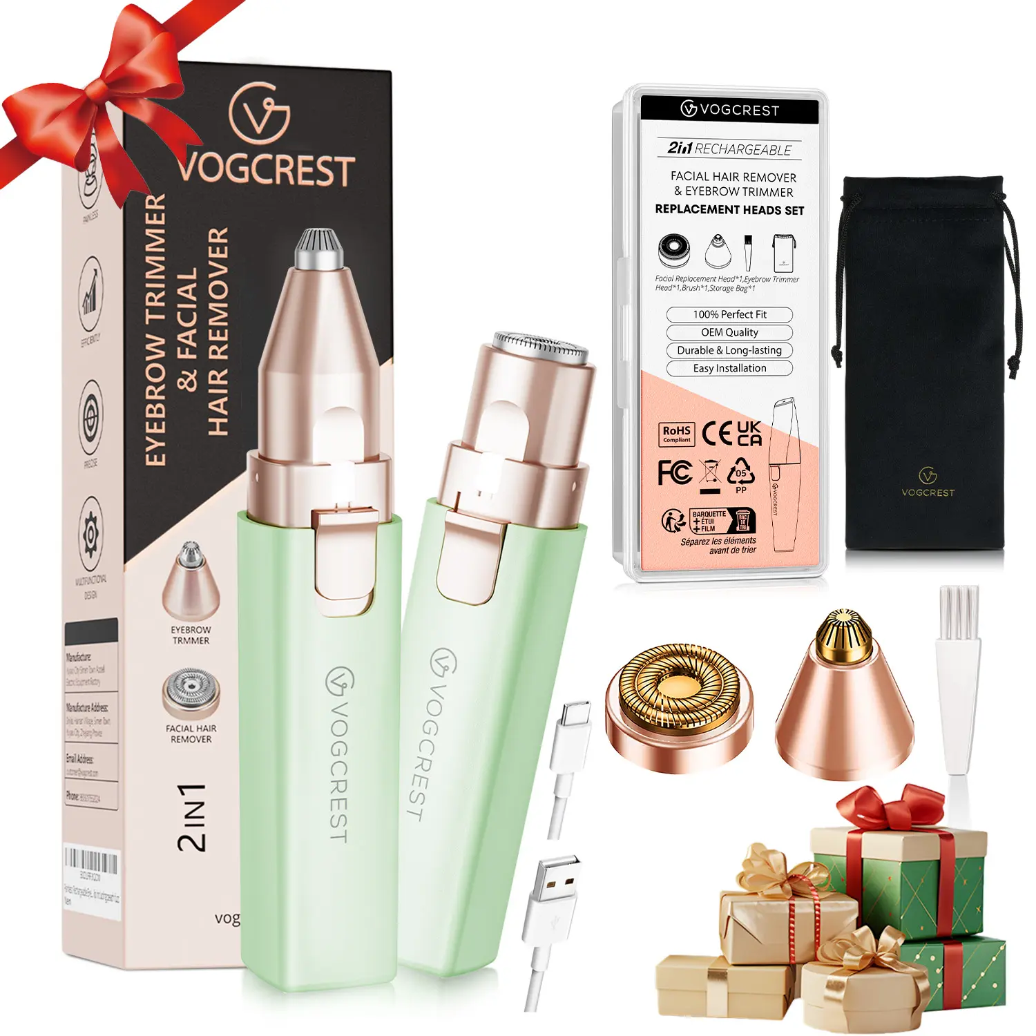 VG VOGCREST Women's 2-in-1 Stainless Steel Shaving Products, Electric Trimmer and Shaver for Adults - Portable Rechargeable Face, Eyebrow, Lip & Body Groomer, Compact for Travel Bags, Comfortable Use for All