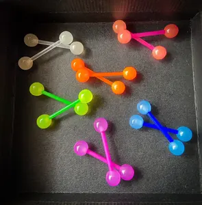 PAIR Flexible Barbell Nipple or Tongue Rings PTFE Glow In The Dark NO METAL