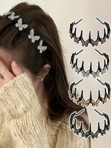 Elegant Wave Versatile Headband with Butterfly Decorated Synthetic Zirconia, Anti-Slip Hair Band for All Seasons, Fashionable Plastic Accessory