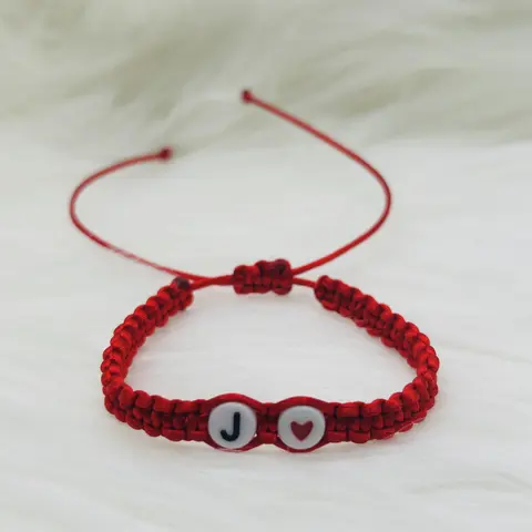 Women's Personalized Adjustable Red Fabric Cord Cubic Zirconia Beads Bracelet Stack Matching Sets - Interlocking Heart Motif, Initial Beads, Couple Accessory, Girlfriend Gift, Daily Wear Fashion Bangles, Bracelets
