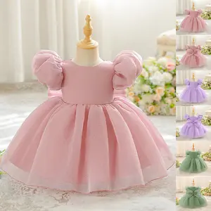 6M-3Y Dark Pink 3050 Anniversary Baby Girls Clothes Infant Birthday Puff Sleeve Bow Ball Gown Cocktail Dress Toddler Pageant Newborn Ball Gown Princess Baptism Frock