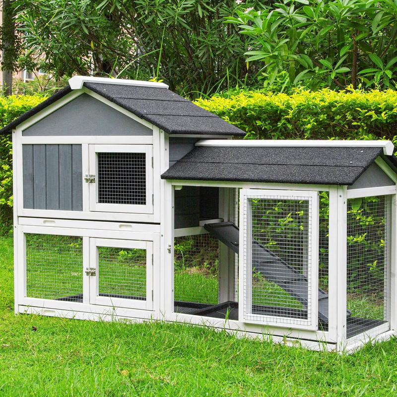 Large Multi-Level Wooden Rabbit Hutch with Run, Spacious Indoor/Outdoor Bunny Cage, Removable Tray for Easy Cleaning, Pet House for Rabbits, Guinea Pigs & Small Animals