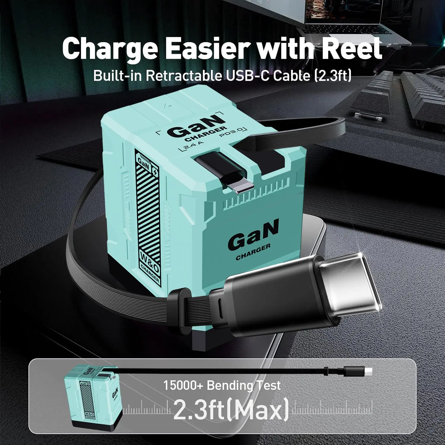 GaN Charger 120W Fast Charging with Retractable Type-C Cable 2.3ft Portable Adaptor for iPhone 16 iPad MacBook Multi Device Fast Charging Folding Cellphone Electronic
