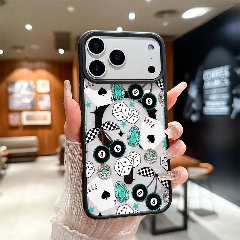 Aesthetic Western Bohemian No.8 Ball Cherry Playing Cards Pattern TPU Magnetic MagSafe Cellphone Case - Shockproof, Lightweight Slim Accessory for iPhone 17 Air/16 Pro Max/15 Pro/14/13/12/11 Plus/11 Pro Max with Protection & Resistance, Phone Accessories