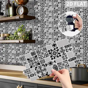 12PCS/24PCS/48PCS Special Shaped Tile Stickers PVC Crystal Film Retro Black White Floral Square Mosaic Tile Stickers Self Adhesive Waterproof Oil-Proof for Kitchen Bathroom Home Decor XY-HTP