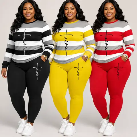 Women's Plus Size Casual 2-Piece Outfit Set, Color Block Striped Crew Neck Long Sleeve Top and Pants with Pockets