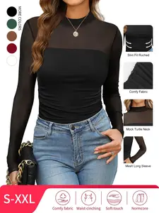 Spring Mesh Top Women's Lady Mesh Sheer Long Sleeve Top, Mock Turtle Neck See Though Shirts Design, Slim Fit & Plain Pattern, Casual Comfy Fit, Seamless Tops for Casual Wear & Evening Wear & Trendy Outfits, spring break outfits, Womenswear