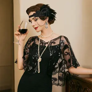 Vintage Elegant Flapper Shawl - Sequin Beaded, Mesh Breathable, Short Cape Design, Perfect for Party, Prom, Wedding, and Evening Occasions - 1920s Inspired, Women's Fashion Accessory