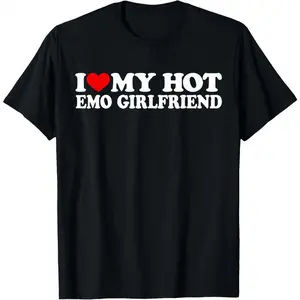 Women's 100% Cotton Short Round Neck T-Shirt, Emo Streetwear Clothes with "I Love My Hot Emo Girlfriend" Print, Soft Fabric Top