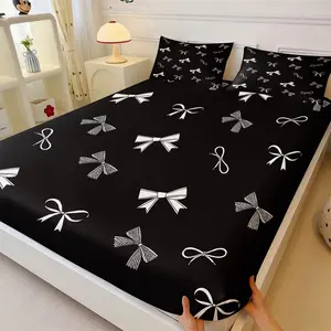 3Pcs Cute Black Bowknot Print Fitted Sheet Set, Coquette Bows Bedding Set with Pillowcases, Soft Printed Bed Sheet Set, Deep Pocket No Fillers Bed Cover for Kids Girls Teens Bedroom Decor