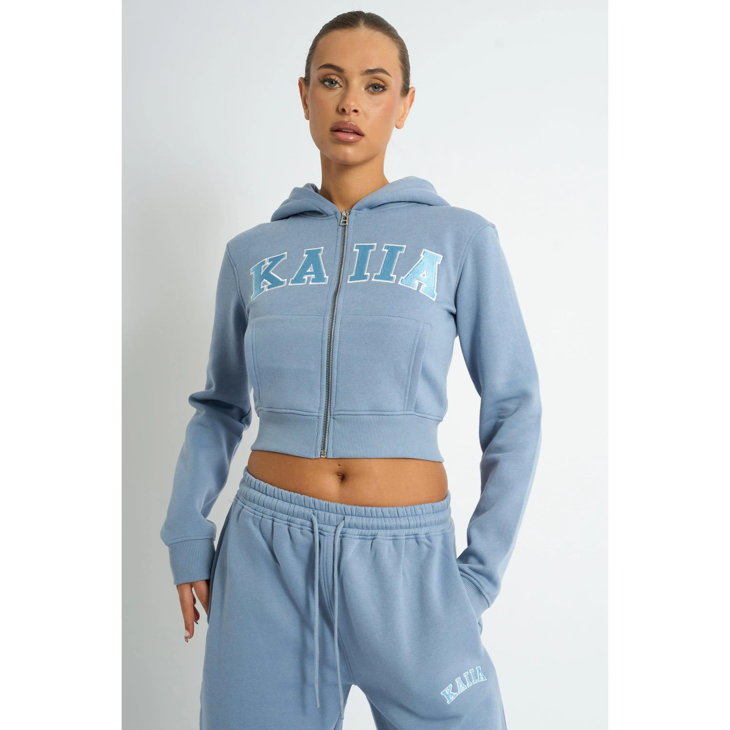 Kaiia Slogan Zip Through Cropped Hoodie Vintage Blue