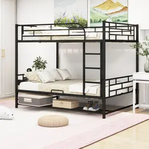 [Bellemave] Over Full Metal Bunk Bed with Shelf and Guardrails