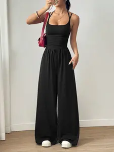 1 Count Women's Pleated Jumpsuit, Featuring Halter Top and Comfortable Fabric Wide Leg Pants Bodysuit, Special Strap Design, Backless Vest, Autumn New Product, Casual Style, Suitable For Daily Wear Or Party