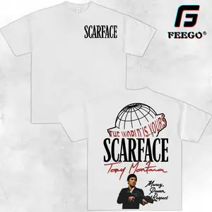 FEEGO Two Sides Scarface Graphic Tee Tony Montana "The World is Yours" Iconic Design | 100% Pure Cotton Y2K Streetwear Mens Crewneck | Good Graphic Tees for Movie Fans & Streetwear Lovers