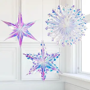 3 count Iridescent Decoration Ornaments Hanging Decorations, Iridescent Snowflakes Fan, Starry Snowflake, Hexagram Stars Garland for  Decorations Wedding Birthday Christmas Parties,