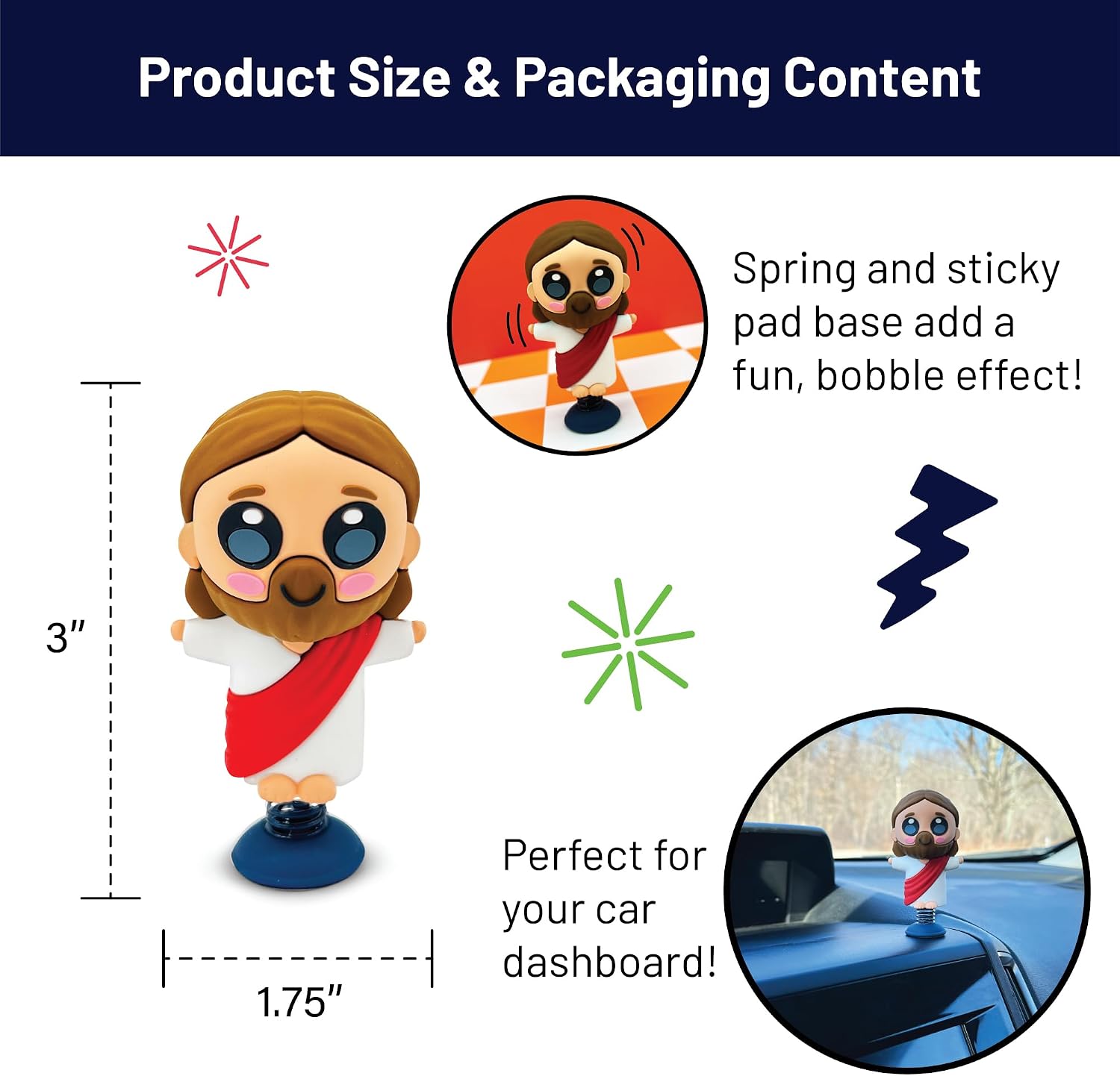 Jesus Dashboard Dancer – Fun Bobblehead of Christ with Open Arms – Religious Car Accessory with Sticky Pad – Cute and Unique Gift for Believers, Christian Drivers & Faithful Friends