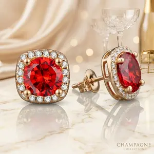 Women's Champagne Gold-Red Cushion Cut Halo Moissanite Stud Earrings, 1CT Artificial Gemstone Jewelry for Special Occasions