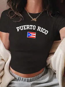Women's Puerto Rico Flag Graphic Fitted Cropped T-Shirt, Stylish Vintage Print Top for Summer Travel, Caribbean Vacations and Casual Street Style