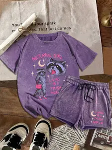 Two-Piece Set Women's Raccoon Print Tee & Shorts, Casual Round Neck Short Sleeve T-Shirt & Skinny Shorts, Ladies Summer Clothes, Womenswear